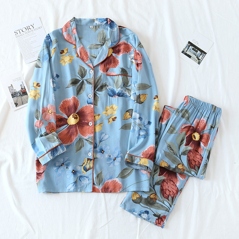 Sky Blue Viscose Floral Women's Pajamas Button-Down Long-Sleeve Shirt Elastic Waist-Band Trousers, Women's Pajamas, Ladies Pajamas, Floral Pajamas, Summer Pajamas, Soft Pajamas, Classic Pajamas