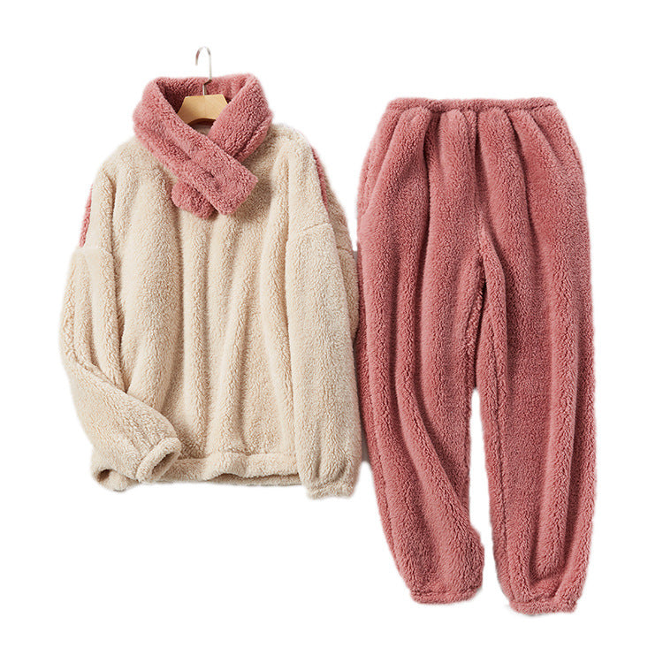 Soft Pink and Cream Plush Winter Fleece Long Sleeve Top and Elastic Waist Trousers with Soft Scarf Plus Size, Women's Pajamas, Ladies Sleepwear, Winter Pajamas, Winter Loungewear, Warm Plush Fleece