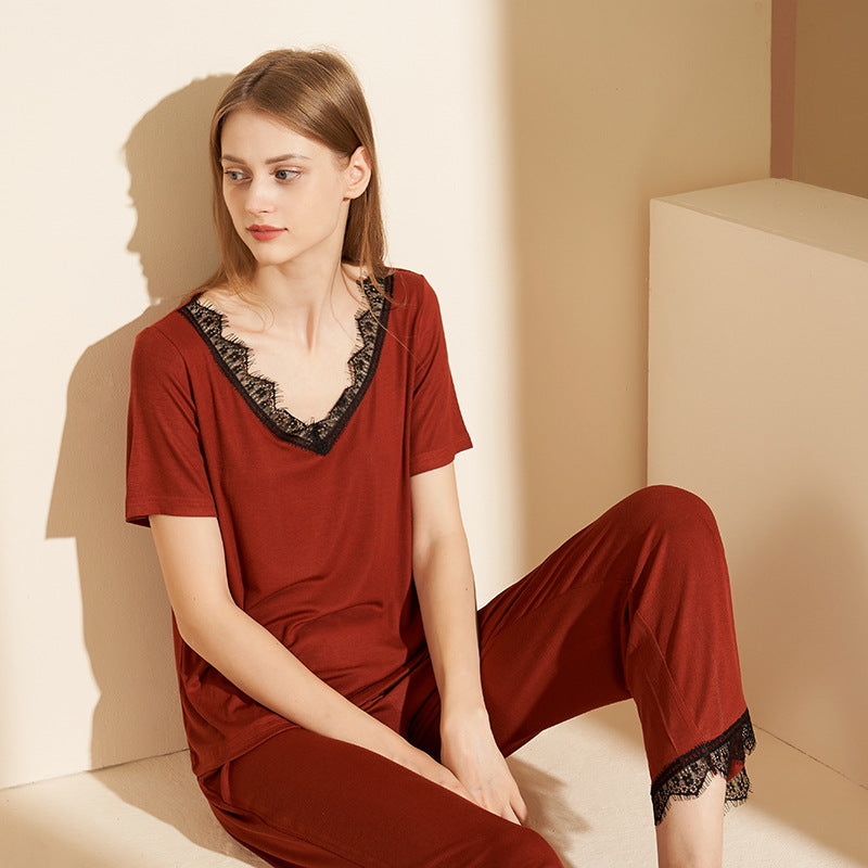 rust modal fabric cooling fabric 2 piece light-weight breathable pajamas with lace, Ladies Pajamas, Sleepwear, Loungewear