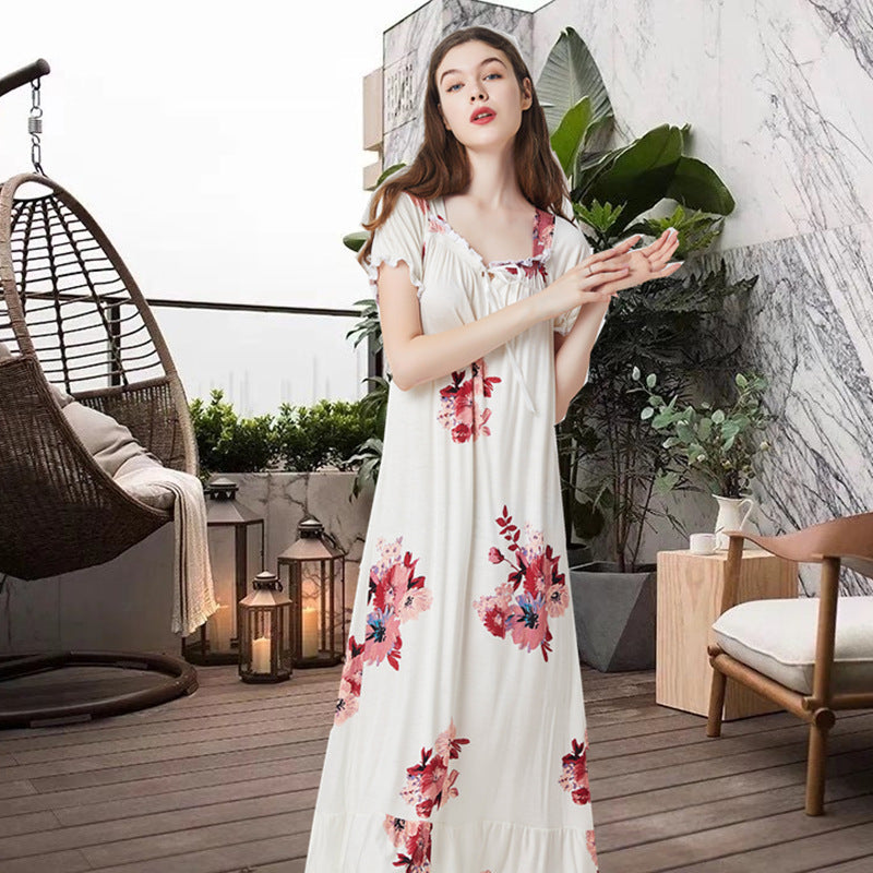 Modal Fabric Short Sleeve Long Length Scoop Neck Night Gown White with Bouquet of Flower Print, Women's Housedress, Ladies Nightgown, Housedress
