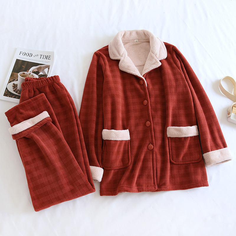 Red Tartan Plaid Warm Fleece Button Down Jacket and Fleeced long-trousers Pajama, loungewear Set, Ladies Loungewear, Women's Loungewear, Ladies Pajamas, Track Suit, Winter Loungewear