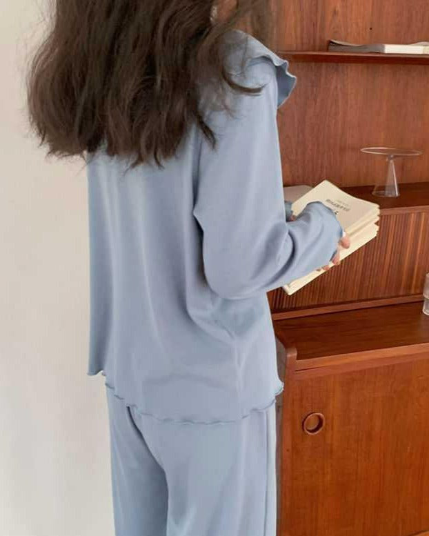 Blue Button Up Doll Collar Long Sleeve Top Loose Elastic Waist Band Trousers Scallop Edge Detail