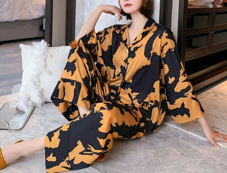 Black and Amber Polyester Faux Silk Pajama Set Button Down Top Long Sleeves with Elastic Waist Trousers, Women's Pajamas, Ladies Pajamas, Stylish Pajamas, Asian Pajamas , Silk Pajamas