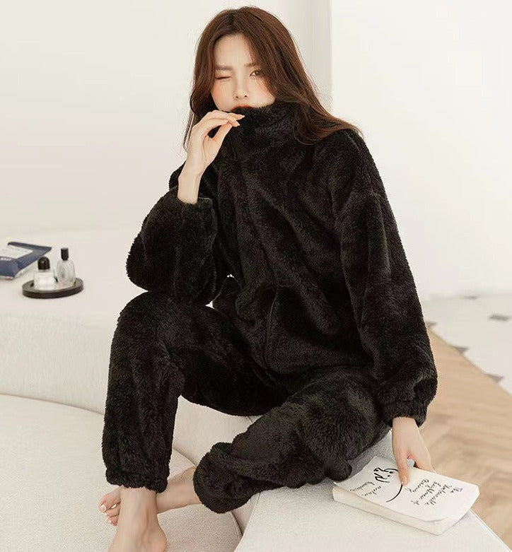 Black Plush Fleece Sweatsuit Loungewear Zipper Jacket High Neck Elastic Waist Trousers with Elastic Ankles, Warm Ladies Loungewear, Women's Loungewear, Ladies Pajamas, Track Suit, Winter Loungewear