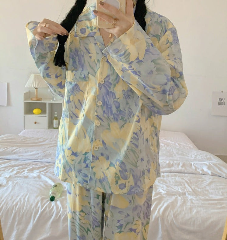 Soft Pastel Yellow and Blue Button-Down Shirt with Loose Trouser, classic pajama set for Spring and Summer, Women's Pajamas, Ladies Pajamas, Loungewear, Sleepwear, Floral Paljamas