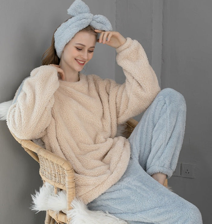 Baby Blue and Cream Plush Winter Fleece Long Sleeve Top and Elastic Waist Trousers with Soft Scarf Plus Size, Women's Pajamas, Ladies Sleepwear, Winter Pajamas, Winter Loungewear, Warm Plush Fleece