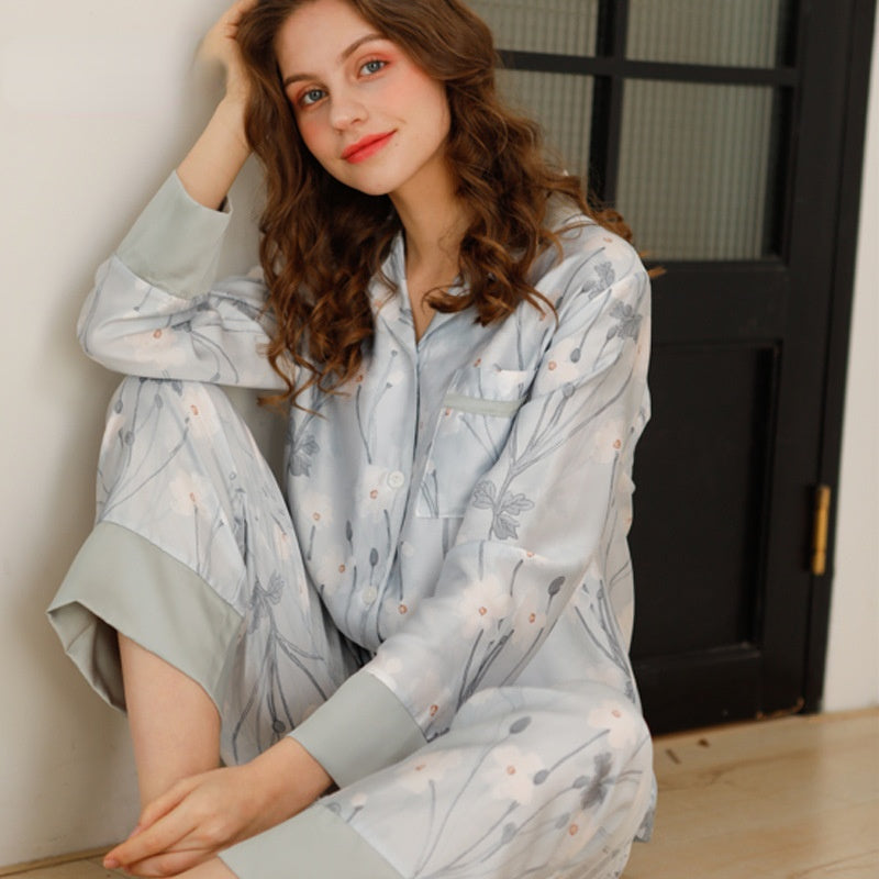 Natural sustainable fabric Tencel - Lyocell to help with Night Sweats, Hot Flashes, two piece pajama set long sleeve button top soft collar and loose fit trousers color: soft grey , Women's Pajamas, Ladies Pajamas, Classic Style Pajamas
