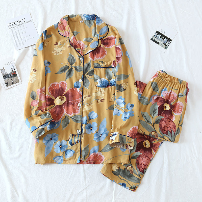 Gold Viscose Floral Women's Pajamas Button-Down Long-Sleeve Shirt Elastic Waist-Band Trousers, Women's Pajamas, Ladies Pajamas, Floral Pajamas, Summer Pajamas, Soft Pajamas, Classic Pajamas