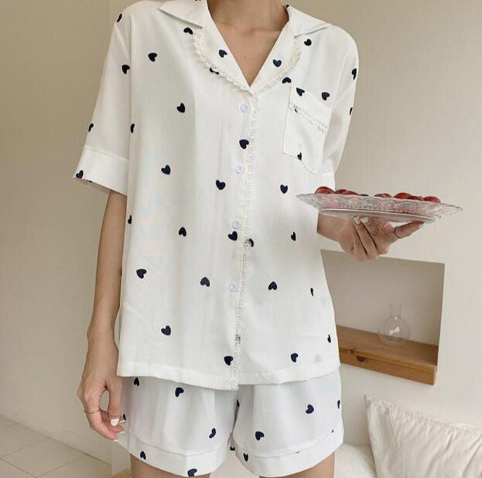 White Pajama Shorts and shirt women's pajama set , Women's pajamas, Ladies pajamas, Heart Print Pajamas with lace.