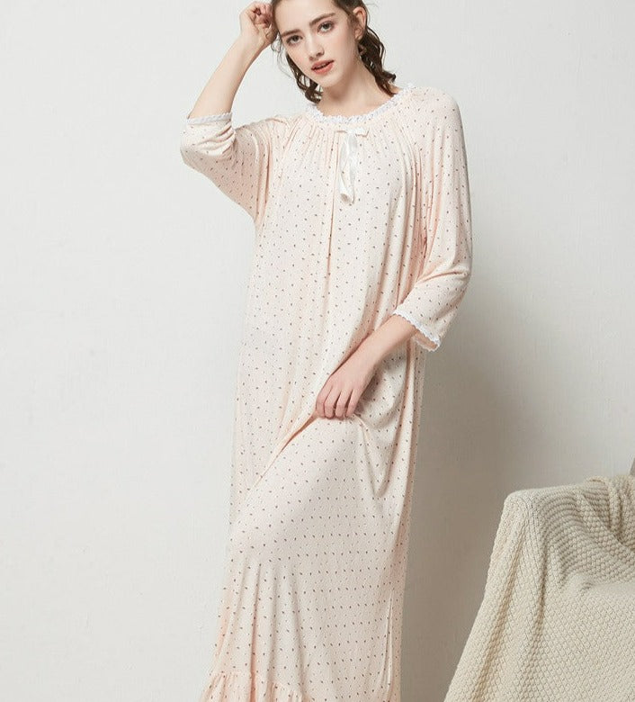 Peach Modal Cotton, Full-Length, Long Sleeve, Women's Nightgown, Ladies Sleep Dress, Soft Fabric Sleepwear