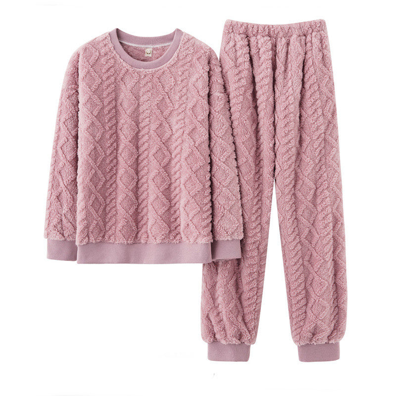 Pink, Thick Plush Fleece Jacquard Two Piece Loungewear Top and Trousers, Winter loungewear, cozy pajamas, Women's Warm Fleece, Ladies Cozy Loungewear, Casual Classic Winter Warm Wear