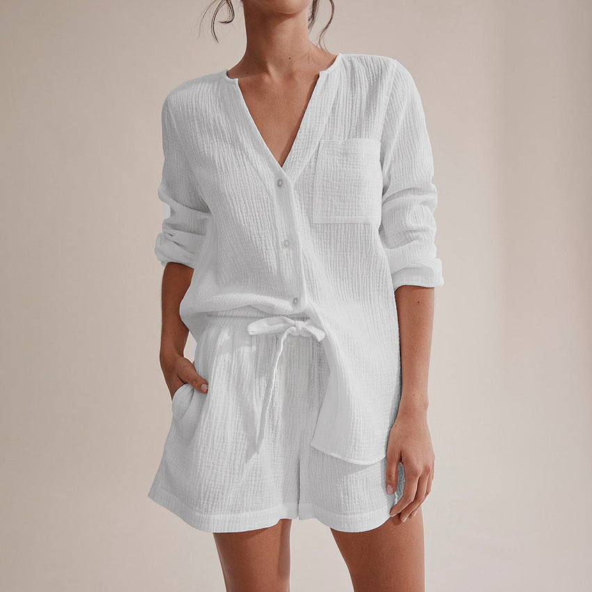 White, classic, summer short set, long sleeve top v-neck shorts with elastic tie waist comfortable breathable casual beach wear travel wear cotton gauze, women's summer short set