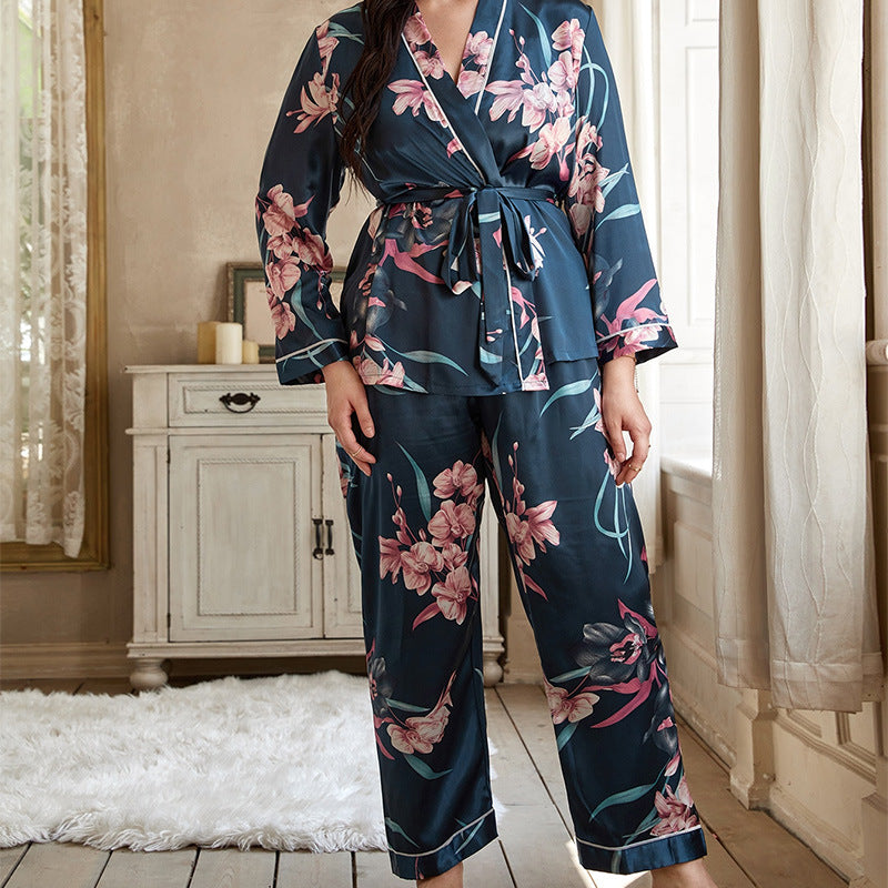 Teal Blue Pink Floral Print Satin Long Sleeve Tie Wrap Top with Soft Full-Length Trousers, Women's pajamas, Ladies pajama, Women's loungewear, Ladies sleepwear