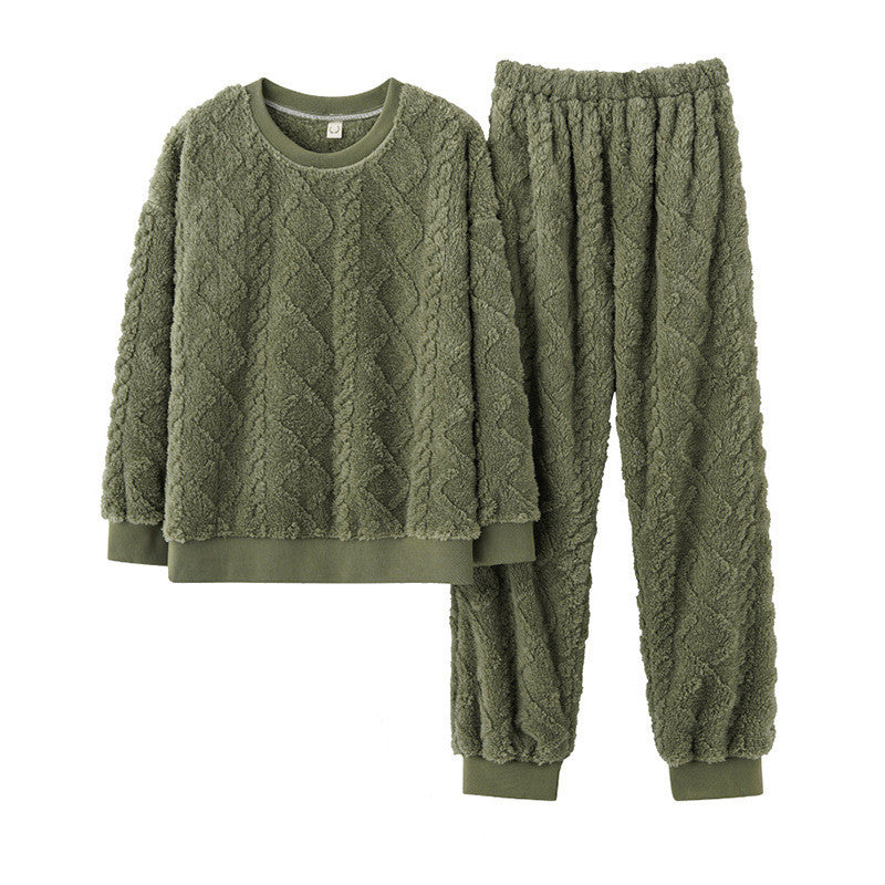 Army Green, Thick Plush Fleece Jacquard Two Piece Loungewear Top and Trousers, Winter loungewear, cozy pajamas, Women's Warm Fleece, Ladies Cozy Loungewear, Casual Classic Winter Warm Wear