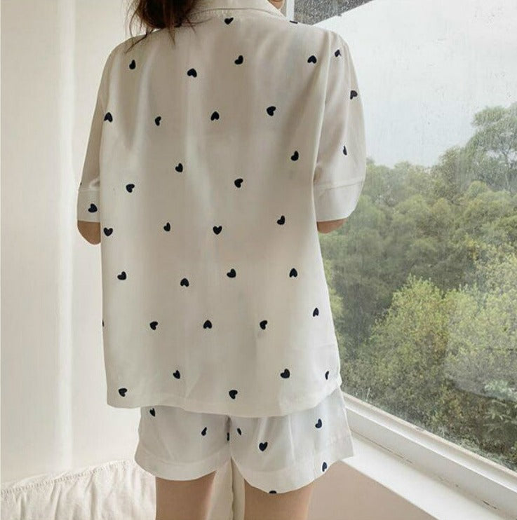 White Pajama Shorts and shirt women's pajama set , Women's pajamas, Ladies pajamas, Heart Print Pajamas with lace.