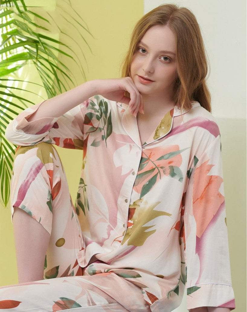 Natural Painted Brush Leaf Pattern, classic pajama set, button-down top with long sleeves and lapel collar, elastic waist trousers, summer pajamas, multi-color, orange, green, gold, rust, women's pajamas, ladies Pajamas, sleepwear, casual sleepwear