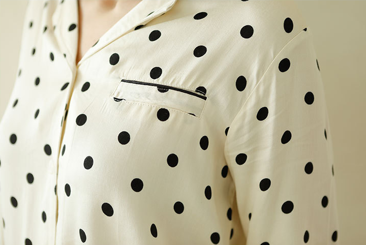 Black Polka Dot Pajamas, Viscose, Button-Down Long Sleeve Top, Elastic and Drawstring Trousers, Accent Piping Detail, Super Soft Women's and Ladies Pajamas, Sleepwear, Loungewear