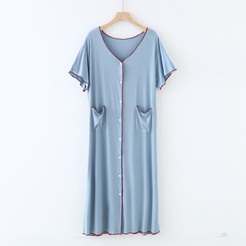 Light Blue Modal Fabric Button Down Scoop Neck Short Sleeve Long Length Nightgown, Women's Nightgown, Ladies Night dress, Women's House Dress