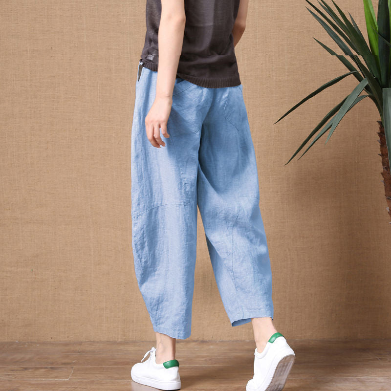 Sky Blue Linen Capri Pants Elastic Waist Pockets, Plus Sizes Available, Women's Capris, Ladies Trousers, Women's Summer Pants, Yoga Wear