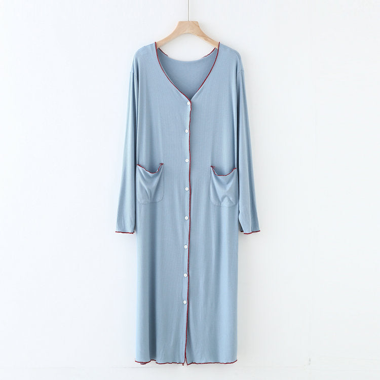 Sky Blue Long Sleeve Below the Knee Button Up Modal Fabric Nightgown, Women's Nightgown, Ladies Nightdress, Sleepwear, Pajamas