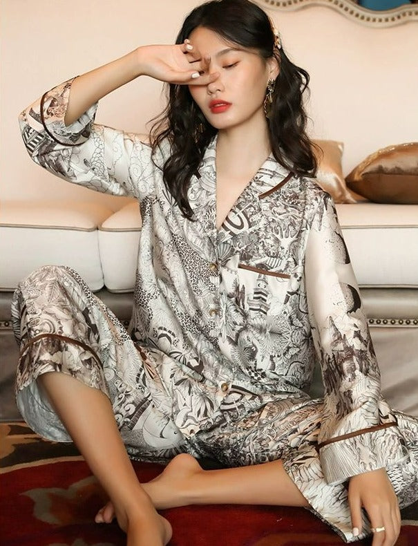 Faux Silk Iced Sateen, Brown, Black, Silver Asian Forest Pattern, button down, long sleeve top, elastic waist band trousers., Women's Pajamas, Ladies Pajamas, Sexy Pajamas