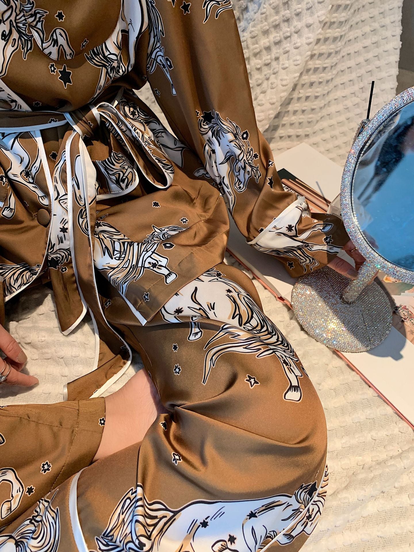 Horse Printed Patterned Pajamas, Belted Long Sleeve Button Down Top with Long Soft Trousers made of Soft Faux Silk Coffee and Cream Color. Animal Lover, Horse Lover, Horse Enthusiast, Women's Pajamas, Ladies Pajamas, Classic Style Pajamas