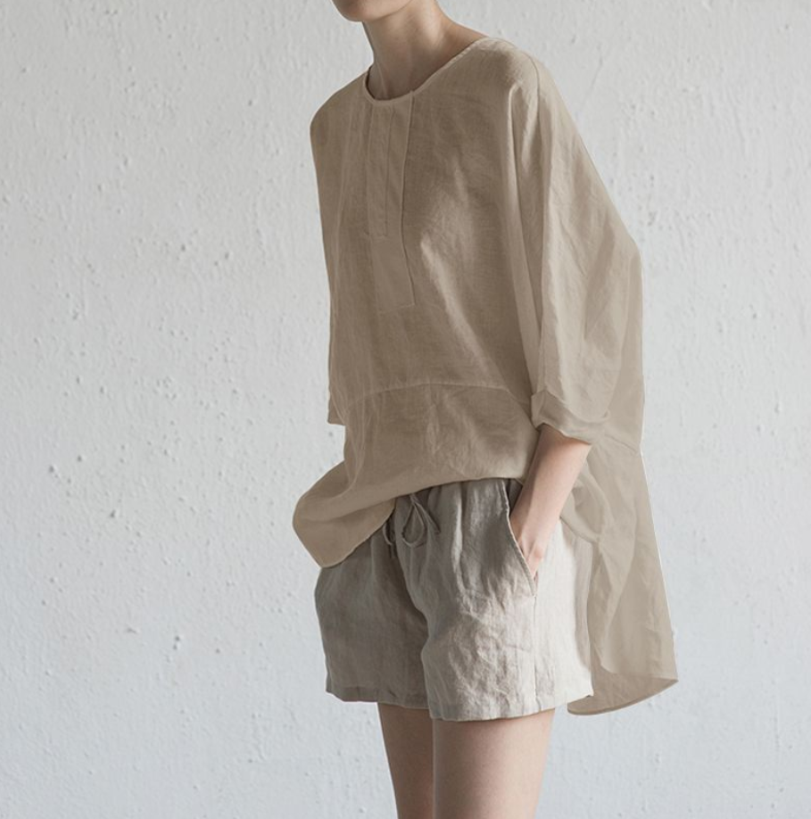 Beige Light weight Cotton Linen Soft Pull -Over Blouse Plus Sizes