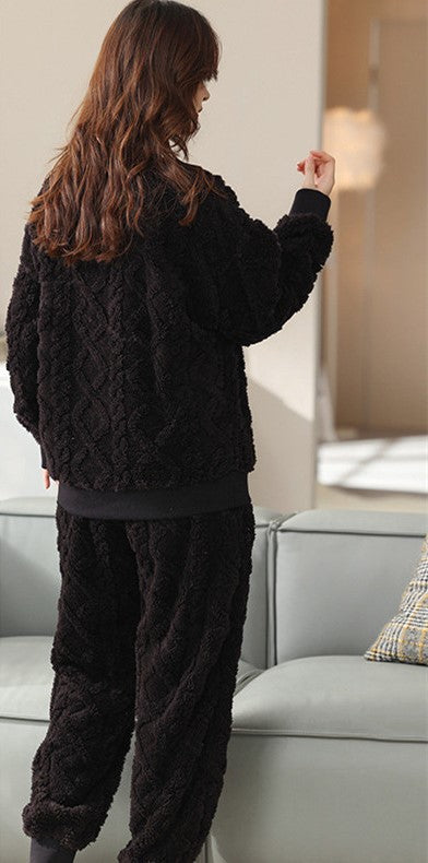 Black Thick Plush Fleece Jacquard Two Piece Loungewear Top and Trousers, Winter loungewear, cozy pajamas, Women's Warm Fleece, Ladies Cozy Loungewear, Casual Classic Winter Warm Wear
