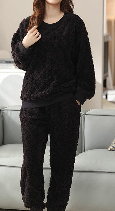 Black Thick Plush Fleece Jacquard Two Piece Loungewear Top and Trousers, Winter loungewear, cozy pajamas, Women's Warm Fleece, Ladies Cozy Loungewear, Casual Classic Winter Warm Wear
