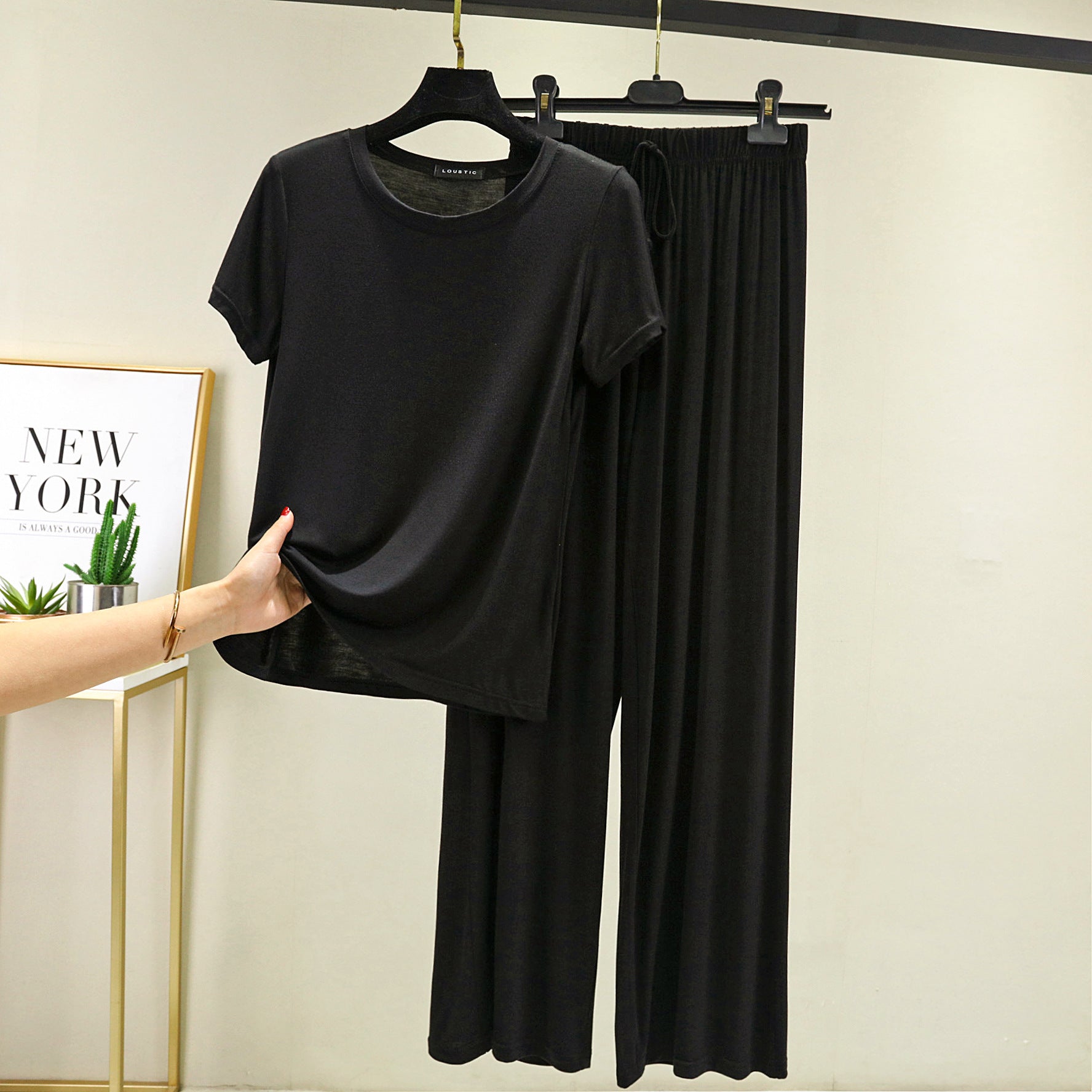 Black Color Modal Fabric Pajama Set Classic T-Shirt Style Top Elastic Waist Band with Tie, Pajamas, sleepwear, casual pajamas, breathable, cooling fabric