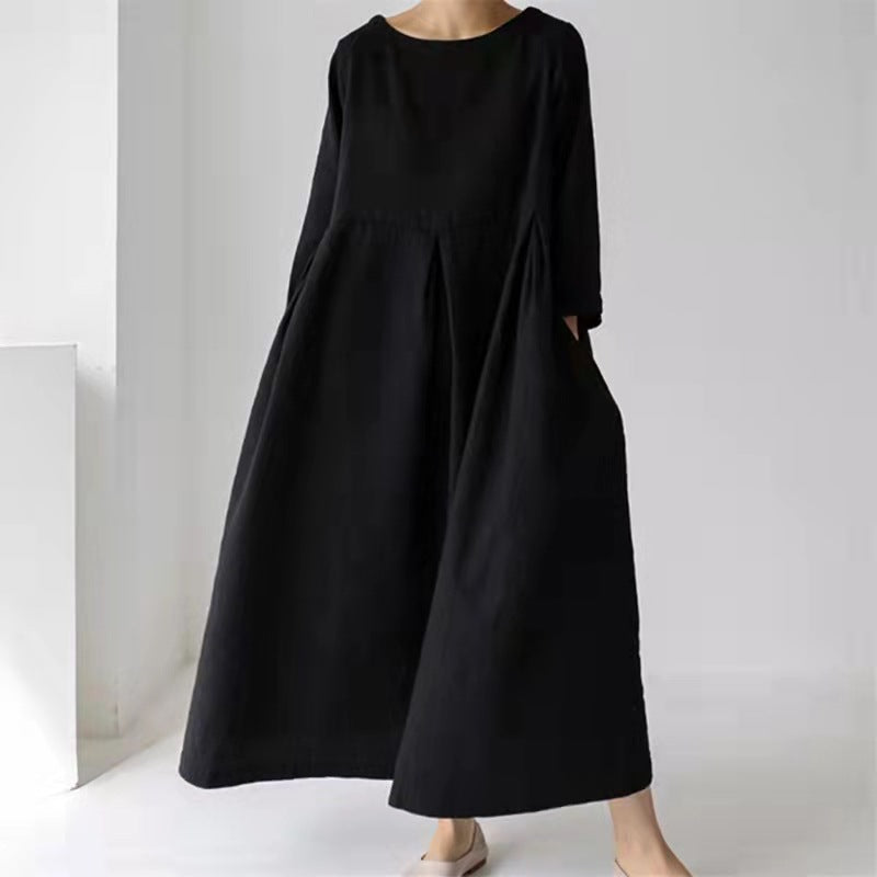 Black cotton linen long pleated flowing dress summer spring casualwear, Women's Summer Clothes, Ladies Dresses, Cotton, Linen Women's Clothes