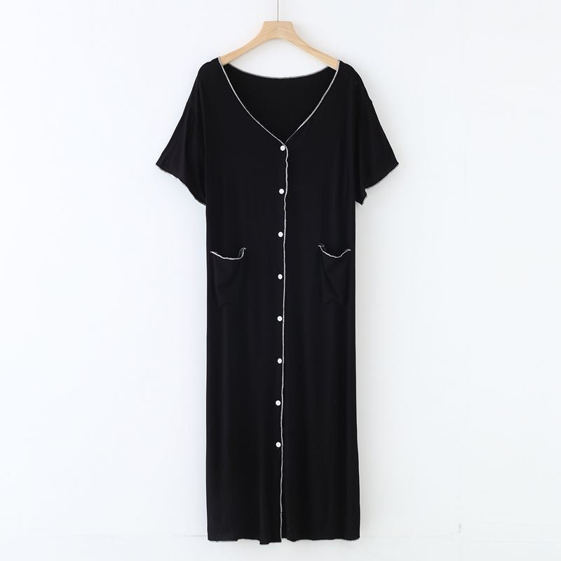 Black Modal Fabric Button Down Scoop Neck Short Sleeve Long Length Nightgown, Women's Nightgown, Ladies Night dress, Women's House Dress