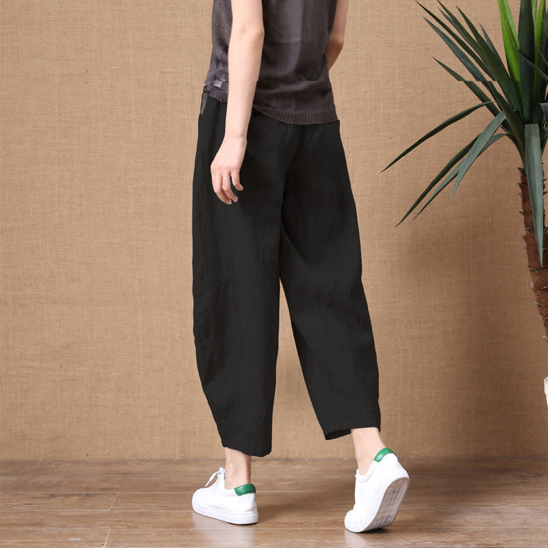 Black Linen Capri Pants Elastic Waist Pockets, Plus Sizes Available, Women's Capris, Ladies Trousers, Women's Summer Pants, Yoga Wear