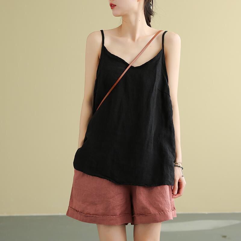 Black, Women's, Ladies, Cotton, Linen, Sleeveless, Spaghetti Strap, Long Top, Long Blouse