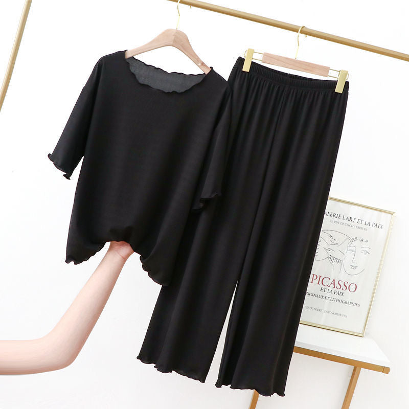 Black Short Sleeve Modal Fabric Pajama Set Top and Trousers with Elastic Waist, Women's Pajamas, Ladies Pajamas, Modal Sleepwear, Loungewear