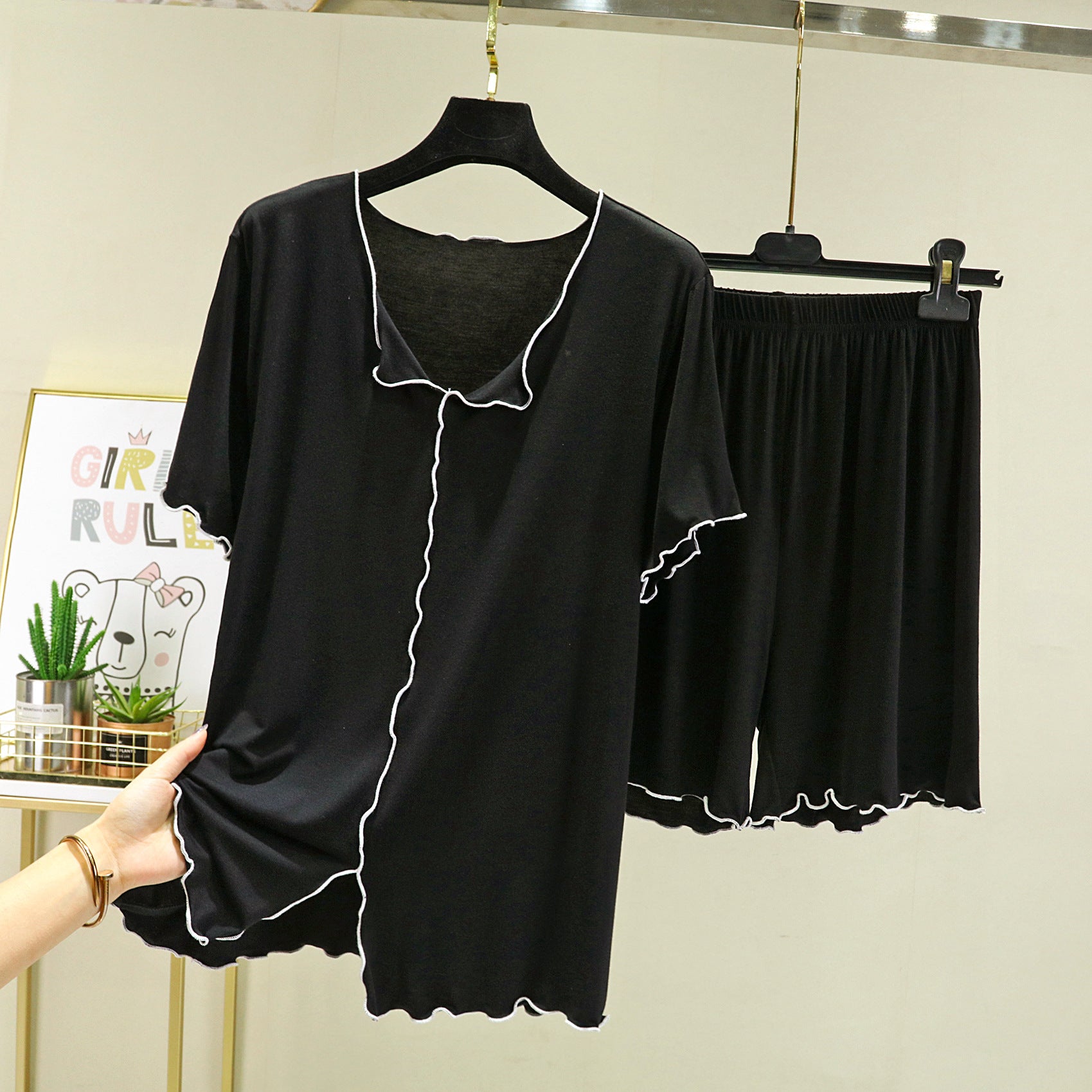 Black Modal Fabric Shorts Pajama Set , Ladies Pajamas, Sleepwear, Loungewear