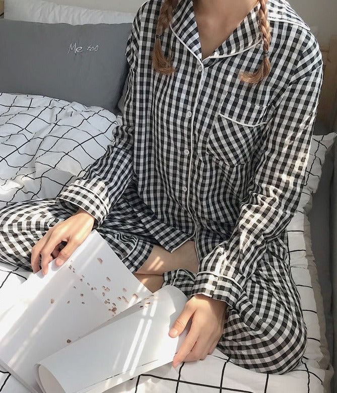 Black and White Gingham Plaid Button Down Top with Accent Piping and Trousers