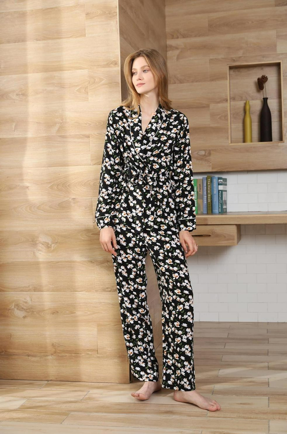 Black and White floral cotton viscose wrap top and trouser pajamas for Women, Ladies Spring, Summer, Pajamas