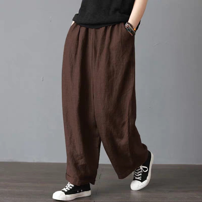 Brown Cotton Linen Wide Leg Loose Fitting Trousers Plus Sizes Travel wear, summer and spring clothing