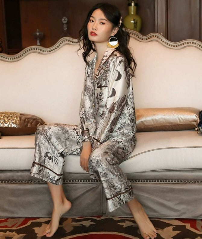 Faux Silk Iced Sateen, Brown, Black, Silver Asian Forest Pattern, button down, long sleeve top, elastic waist band trousers., Women's Pajamas, Ladies Pajamas, Sexy Pajamas