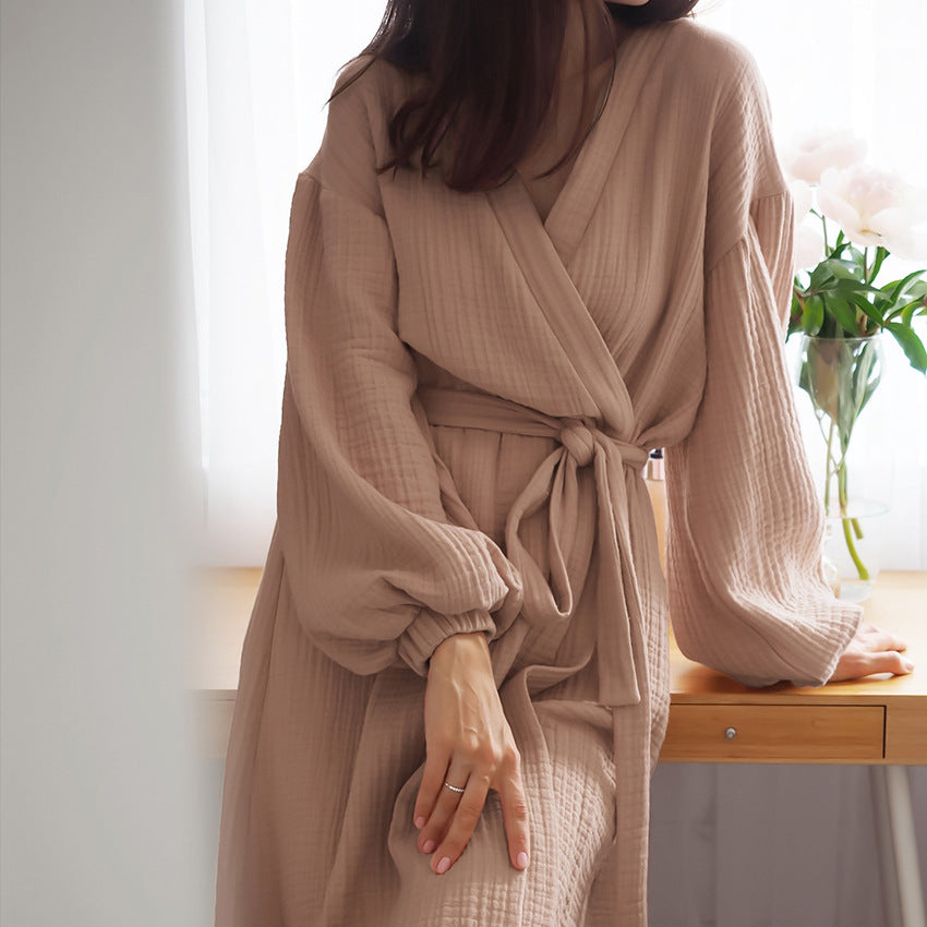 Powder Brown Pink Cotton Gauze Mid-Length Robe with Billow Sleeves and Elastic Wrist Band, Ladies Robes, Women's Robe, Casual Style Robes,