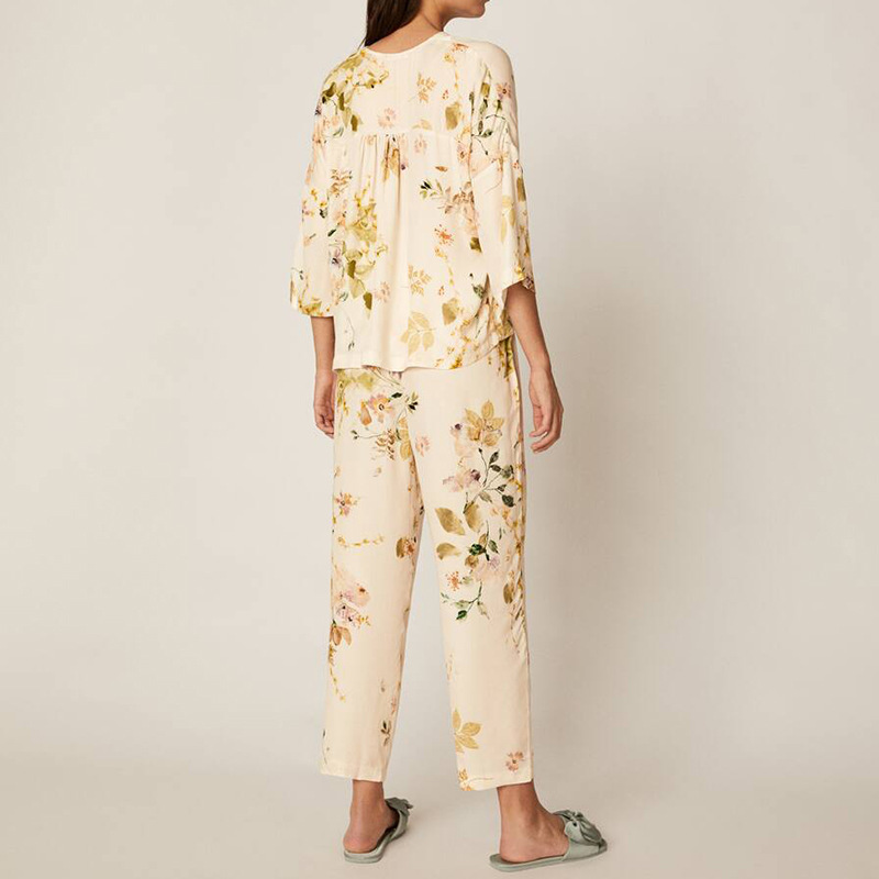 Spring Rose Pattern Viscose Top 3/4" sleeve with Trousers, Women's Floral, Flower Pajamas, Ladies Sleepwear, Soft Pajamas