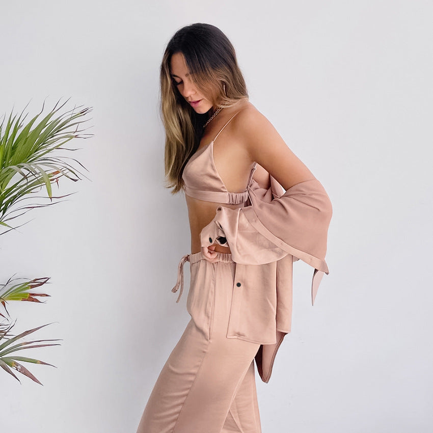 Pink Light Weight Polyester Spandex Three-Piece Trouser, Bra, Button up Long Sleeve Top, Women's classic pajama set, Sexy Lingerie, Comfy pajama set, Ladies pajama set