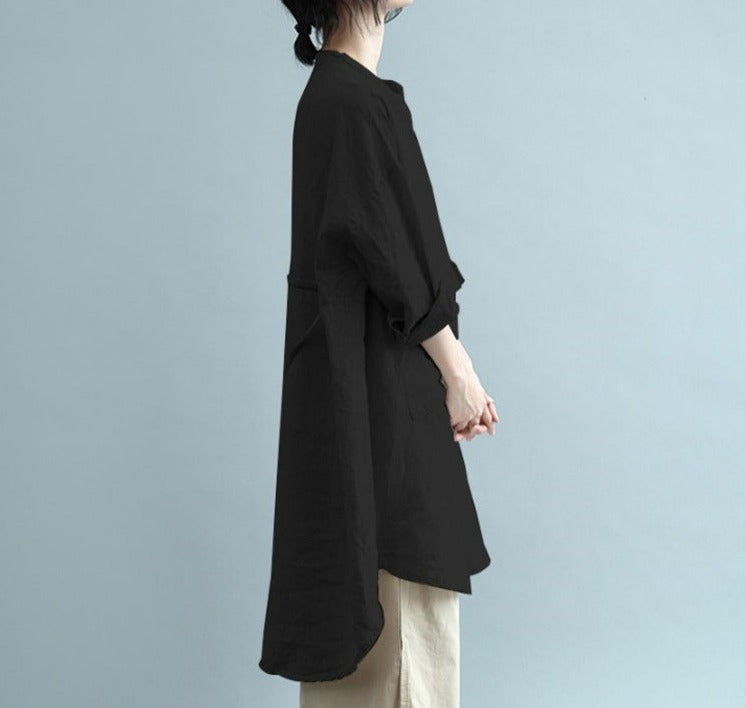 Black Cotton Linen Long Full Shirt Blouse Cover Up, Summer Blouse, women's large stylish shirt, Ladies casual travel clothes, women's summer clothes, Plus Sizes Available
