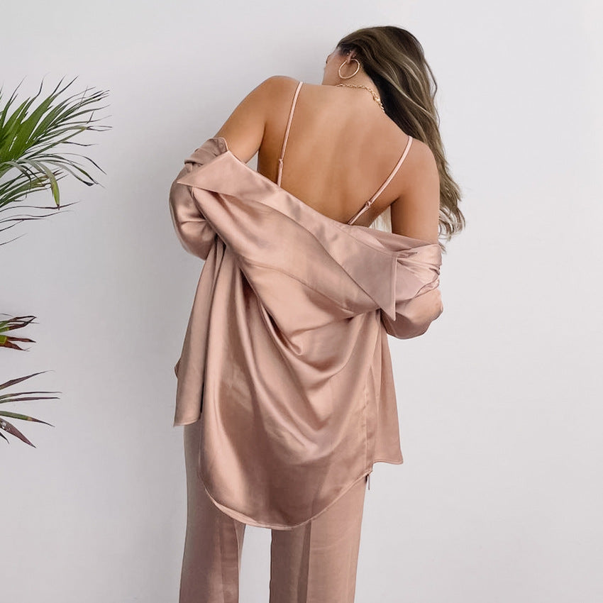 Pink Light Weight Polyester Spandex Three-Piece Trouser, Bra, Button up Long Sleeve Top, Women's classic pajama set, Sexy Lingerie, Comfy pajama set, Ladies pajama set