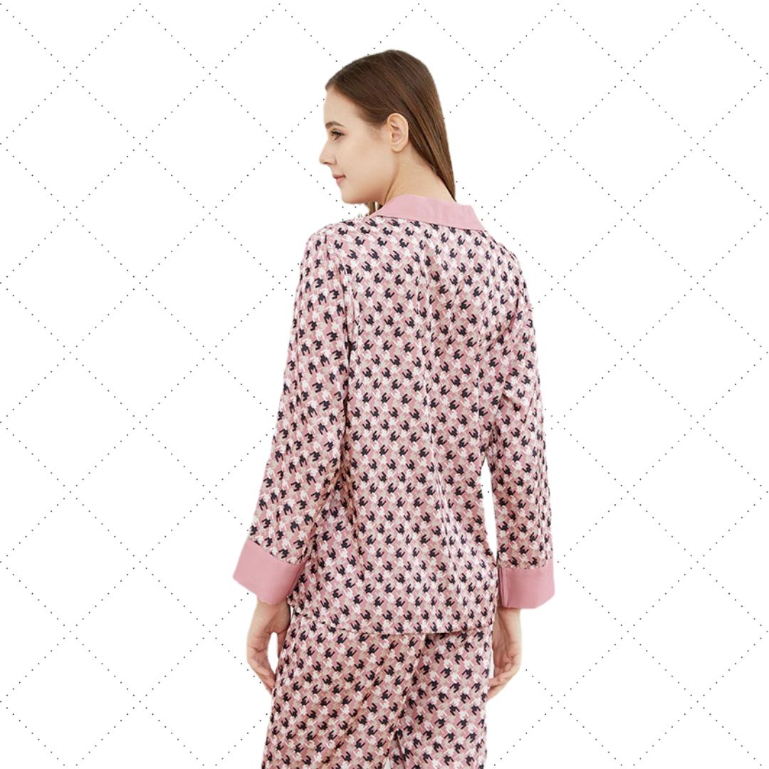 Rose Pink Faux Silk Printed Pajamas with Button up Top and Elastic Waist Trousers, Women's Pajamas, Ladies Pajamas, Sleepwear