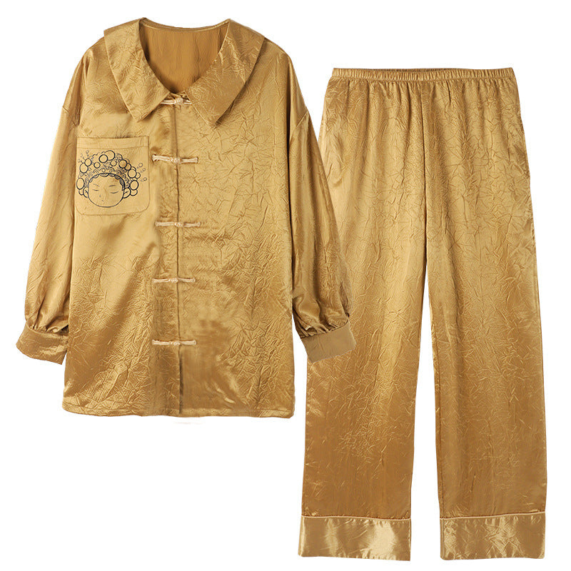 Golden, Gold, Asian Style, Women's, Pajamas, Long Sleeve, Button Down Top, Mid Length, Elastic Waist Loose Trousers, Many sizes, plus sizes available, Women's Pajamas, Ladies Pajamas, Sleepwear