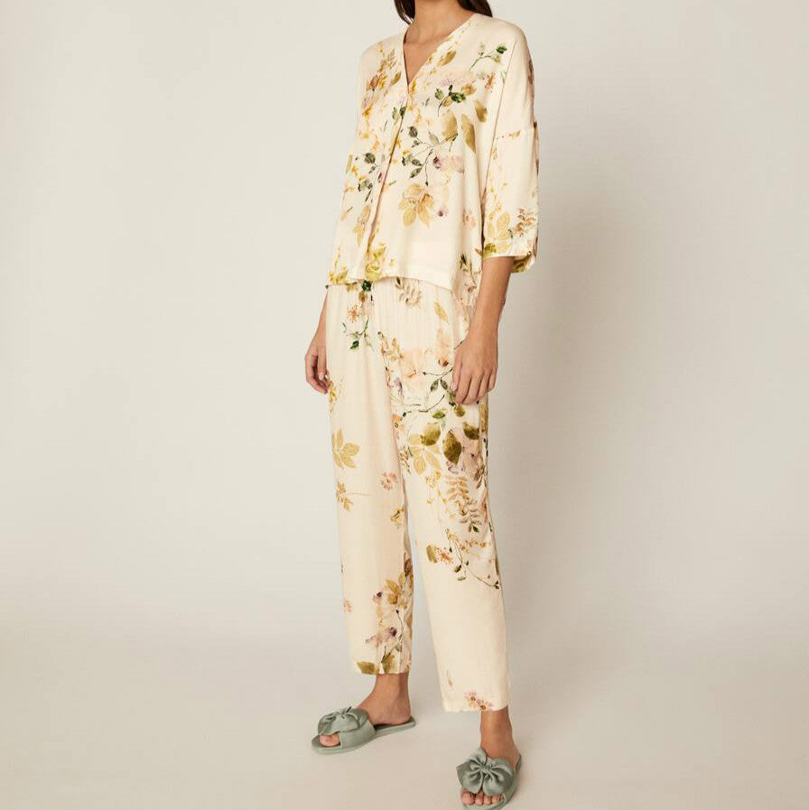 Spring Rose Pattern Viscose Top 3/4" sleeve with Trousers, Women's Floral, Flower Pajamas, Ladies Sleepwear, Soft Pajamas