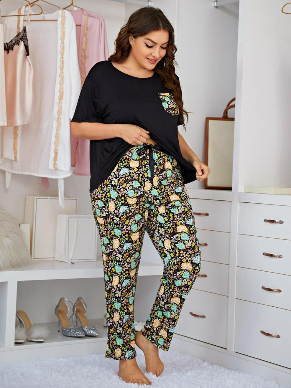 Plus Size Pajama Set with Floral Drawstring Trousers and Black Top with Accent Pocket, Women's Soft Pajama set, Ladies Sleepwear, Loungewear, Casual Pajamas