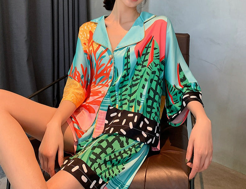 Ocean Sea Kelp and Coral Printed Bright Colored Shorts and Summer Pajama Top Set, Women's Pajamas, Ladies Pajamas, Casual Short and Top Pajamas, Summer Pajamas, Sleepwear, Loungewear
